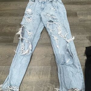 American Eagle Outfitters Distressed High Rise Jeans - Light Blue